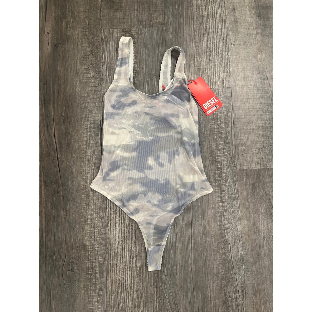 Diesel UFBY-YOMA Camo Mesh Bodysuit Blue White Sheer Tank Top Small NWT